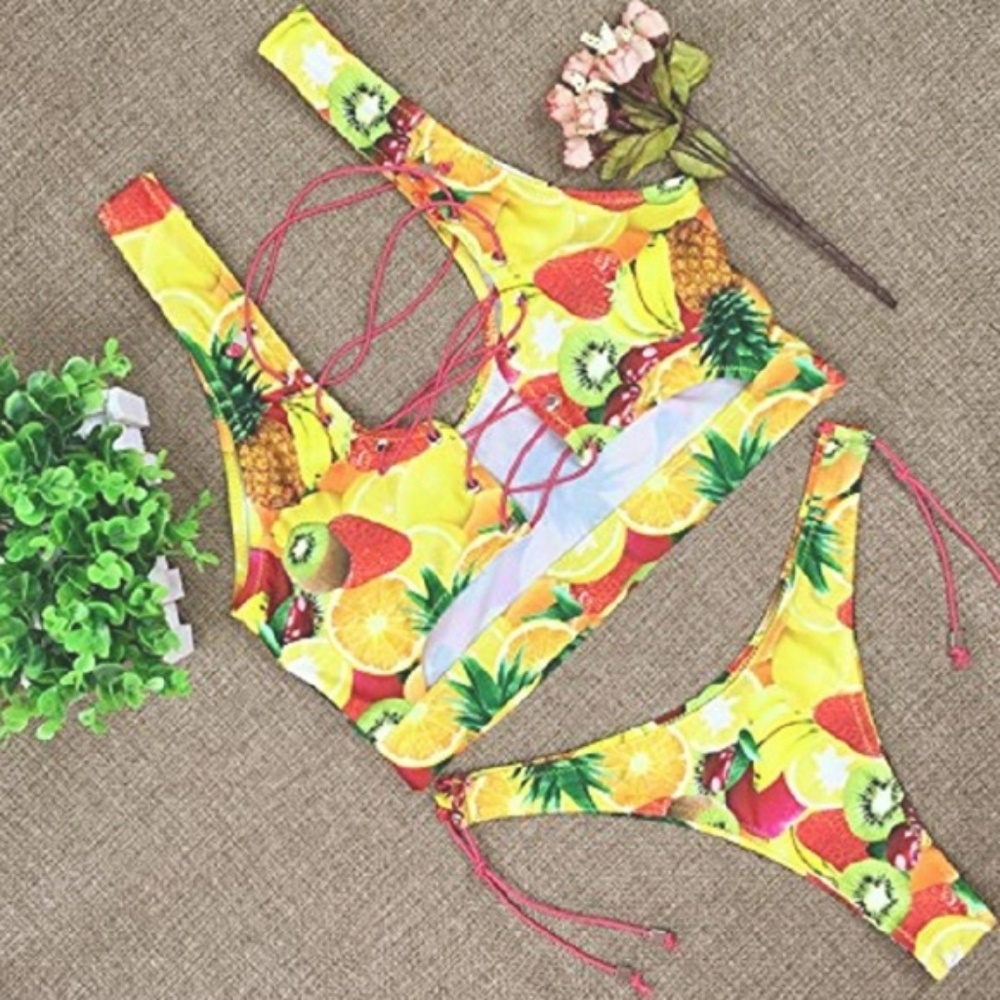 1L SZ S! Fruit Salad Sexy Corset Lace Up Bikini - Picture 4 of 5